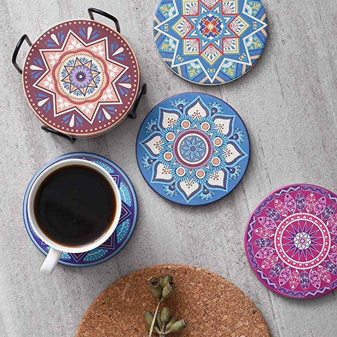 曼陀罗陶瓷软木底杯垫6件套隔热垫吸水带收纳支架Mandala Style Ceramic Coasters with Holder