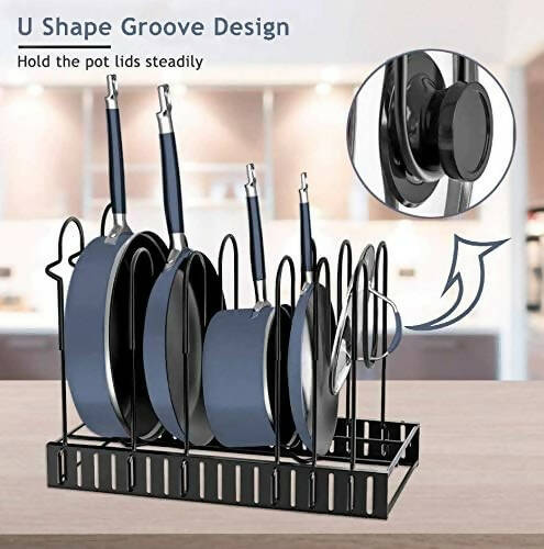 SingHome - 可調式隔層平底鍋和鍋蓋收納架 (黑色)