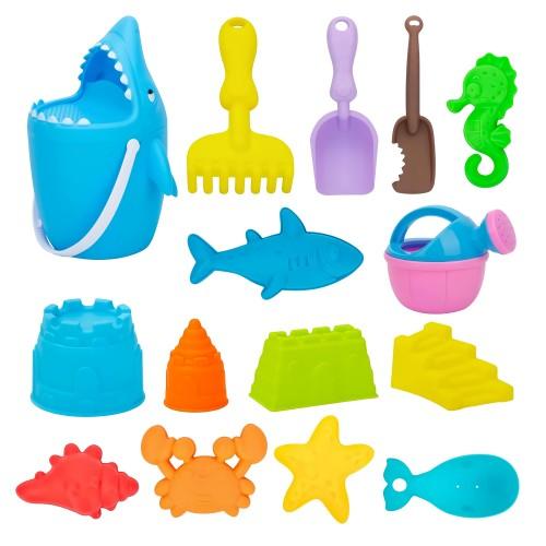 14PCS沙玩具沙灘套裝玩具鯊魚桶帶兒童砂篩檢程式兒童戶外遊戲