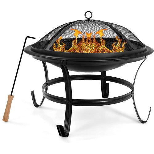 KingSo 22 英寸鋼製戶外燃木火坑燒烤爐鋼碗帶圓形網眼火花屏蓋