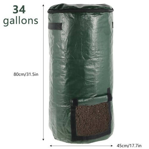 Organic Compost Bag, 80 x 40cm Large Capacity PE Fermenting Waste Bag with Lid for Kitchen, Garden, Yard, Outdoor Compost (Dark Green)
