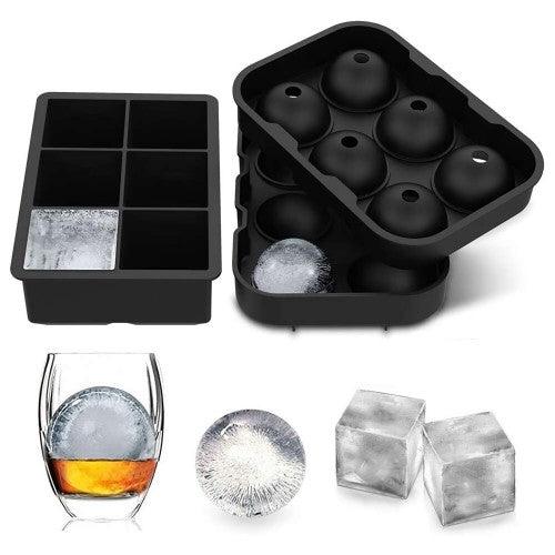 2 Pack Silicone Ice Cube Trays Mold, Round Sphere Ice Ball with Lid ; Large Square Ice Cube Mold (Black)