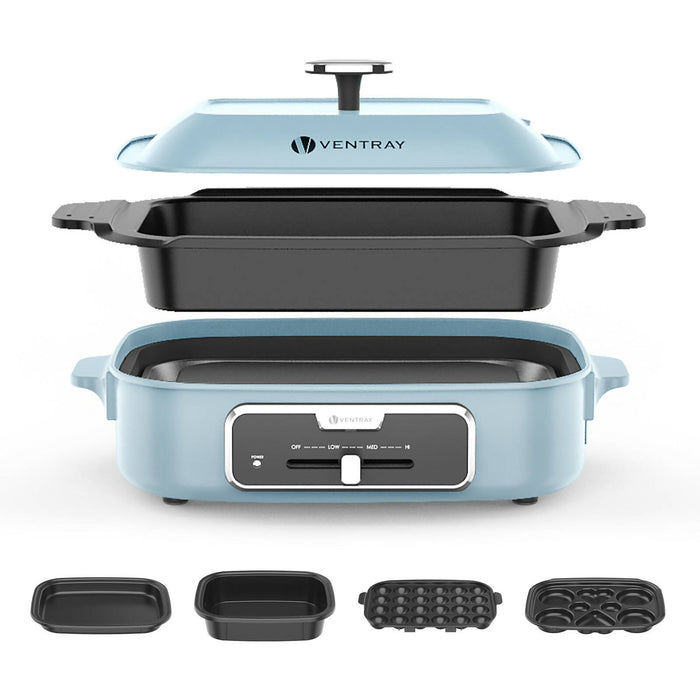 Indoor Electric Grill Appliance Smokeless Griddle Party Electric Skillets Set with 5 Removable Nonstick Plates for Grilling - Beige/Blue