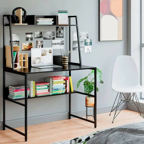 Computer Desk, 100 x 57.5 cm Heavy Duty Writing Desk with Hutch and Bookshelf, Space Saving Design for Home, Office, Small Spaces