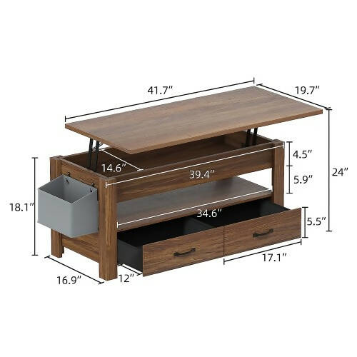 升降式咖啡桌，帶 2 個儲物抽屜、隱藏隔層、側袋、開放式家居、客廳儲物架