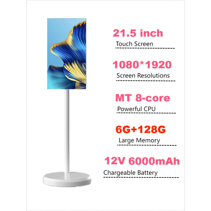 21.5 Inch Mobile Smart Display, 1080 x 1920 IPS Rotating Smart Screen Monitor with Touch Display, Full Swivel Rotation, Android 12 OS, 6GB Ram, 128GB Storage