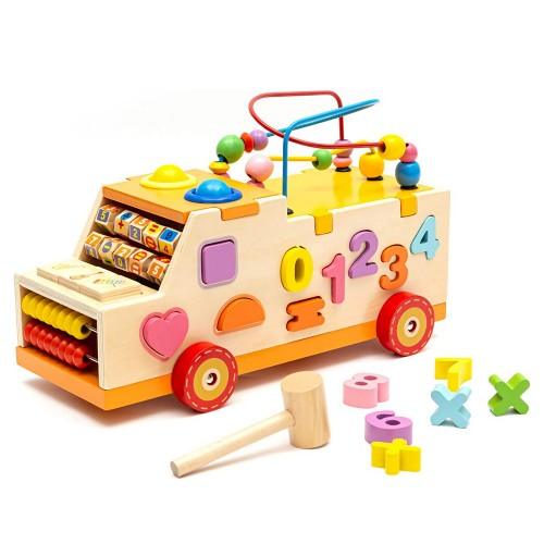 Kids Early Educational Toys, Wooden Shape Sorter Truck with Bead Maze, Numbers, Shapes, Hammer Bench, Abacus for Toddlers Ages 3+