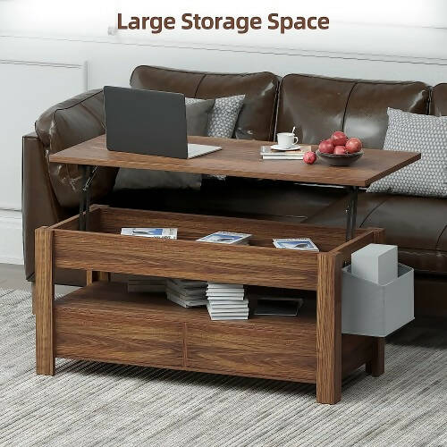 Lift Top Coffee Table with 2 Storage Drawers, Hidden Compartment, Side Pouch, Open Storage Shelf for Home, Living Room