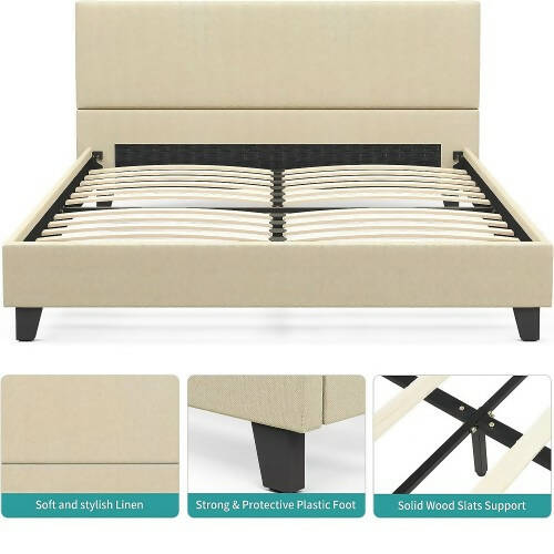 帶金屬框架的軟墊平台床架，亞麻織物床頭板