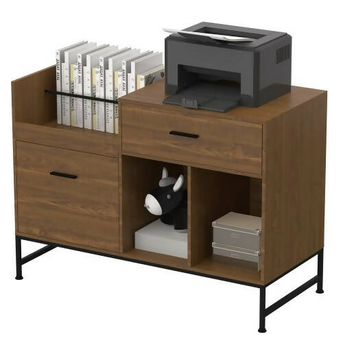 文件櫃，100 x 40 公分橫向文件櫃，附 2 個抽屜，印表機支架，開放式收納架，適合家庭、辦公室 - FS001001
