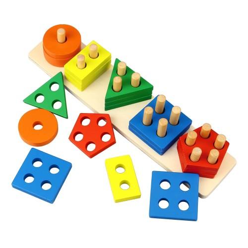 25 件木製益智玩具套裝，5 列形狀匹配顏色排序堆疊塊