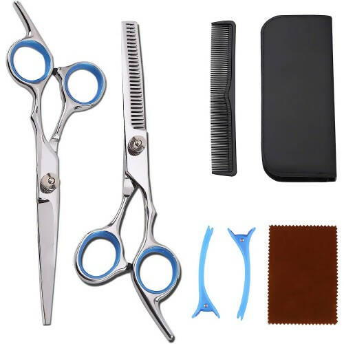 專業理髮剪刀套裝，6 件套剪刀套裝，帶切割剪刀、打薄剪刀、梳子、夾子、儲物盒