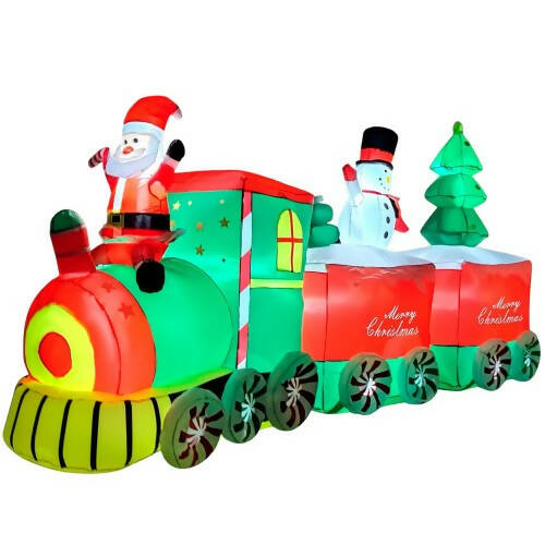 10.5 英尺充氣聖誕老人聖誕火車，聖誕露台裝飾，內建 LED 燈，適用於室內、室外、家居、草坪、聖誕裝飾