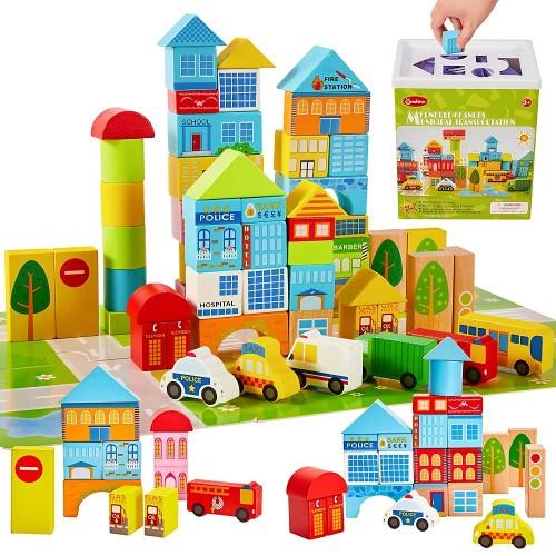 62 件教育木製積木， DIY 彩色木製玩具與儲物盒，適合兒童、兒童、年齡 3+