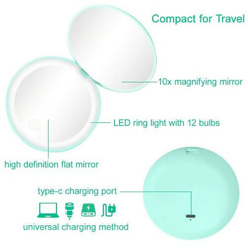 便攜式旅行鏡，帶LED燈，1x / 10x放大緊湊型鏡子，2面發光摺疊圓鏡