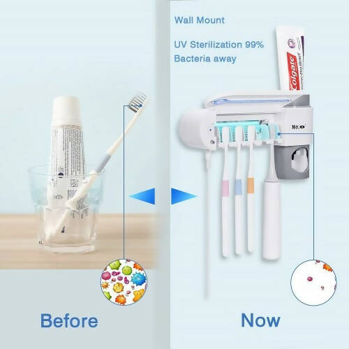 紫外線牙刷架，牙膏分配器，附 5 支牙刷消毒器架牆壁，適用於家用浴室