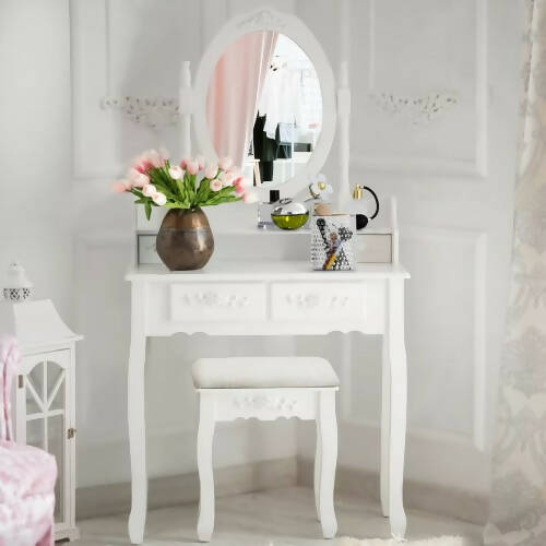 Makeup Vanity Set, Dressing Table with Cushioned Stool, 360-Degree Rotating Mirror, 4 Drawers for Cosmetics, Jewelry - 2781-MSW
