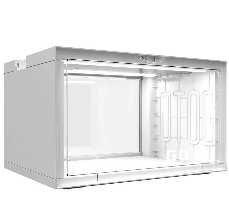 GOTO 透明展示櫃，帶 LED 照明，適用於運動鞋、收藏品、人偶、珠寶 - 可堆疊收藏板條箱 - 白色