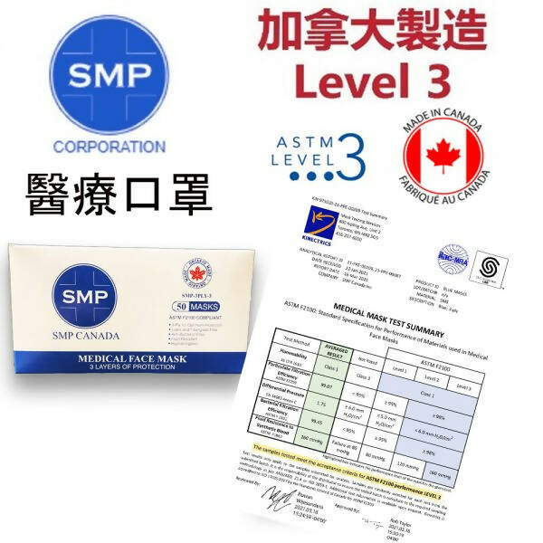 SMP 成人 SMP-3PLY ASTM-F2100 3 級一次性口罩 （50 件） （黑色） （加拿大製造） - 免運費