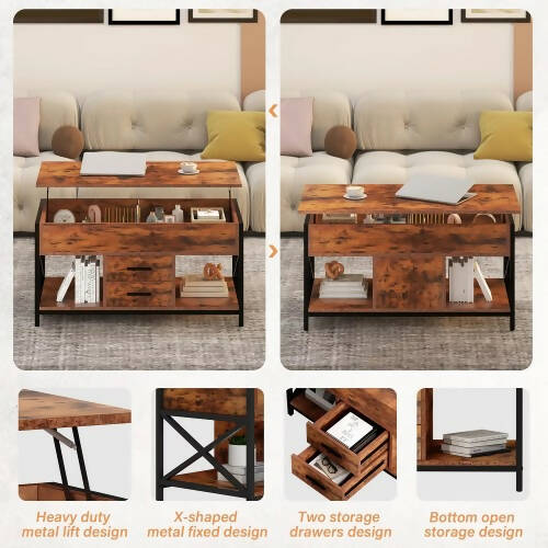 Lift Top Coffee Table with 2 Drawers, Open Side Shelf, Hidden Compartment for Home, Living Room - 565A2