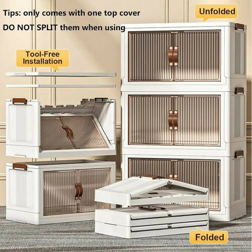 4 Tier Stackable Storage Shelf, Collapsible Closet Organizer Transparent Storage Boxes with Wheels