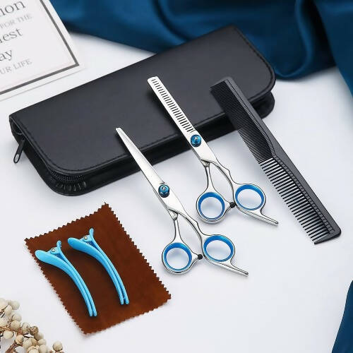 Professional Barber Scissors Set, 6 PCS Scissors Shears Set with Cutting Scissors, Thinning Scissors, Comb, Clips, Storage Case