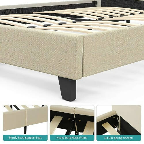 帶金屬框架的軟墊平台床架，亞麻織物床頭板