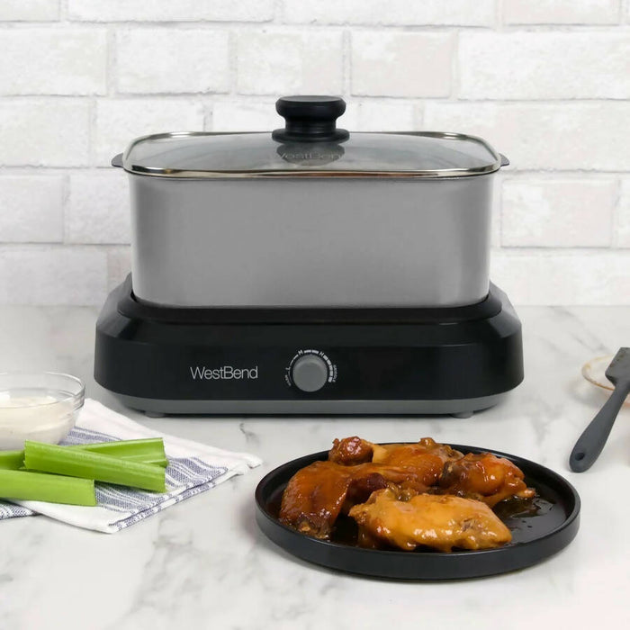 West Bend 87905 Large Capacity Non-Stick Versatility Slow Cooker with 5 Temperature Control Settings Dishwasher Safe Includes A Travel Lid & Thermal Carrying Case, 5-Quart, Silver