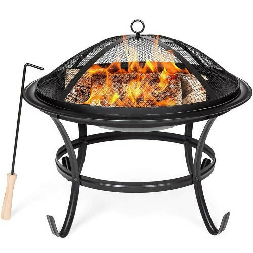 22 Inch Round Fire Pit with Cover, Outdoor Steel Wood Burning Fire Pit BBQ Grill with Round Mesh Spark Screen Cover