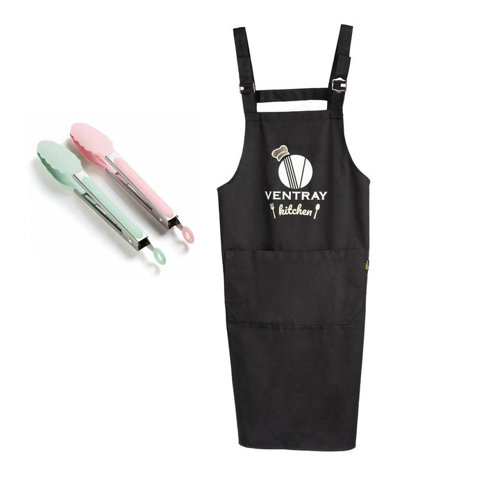 Ventray Adjustable Multi Pocket Apron With Logo and 2pcs kitchen tongs (pink and green) bundle