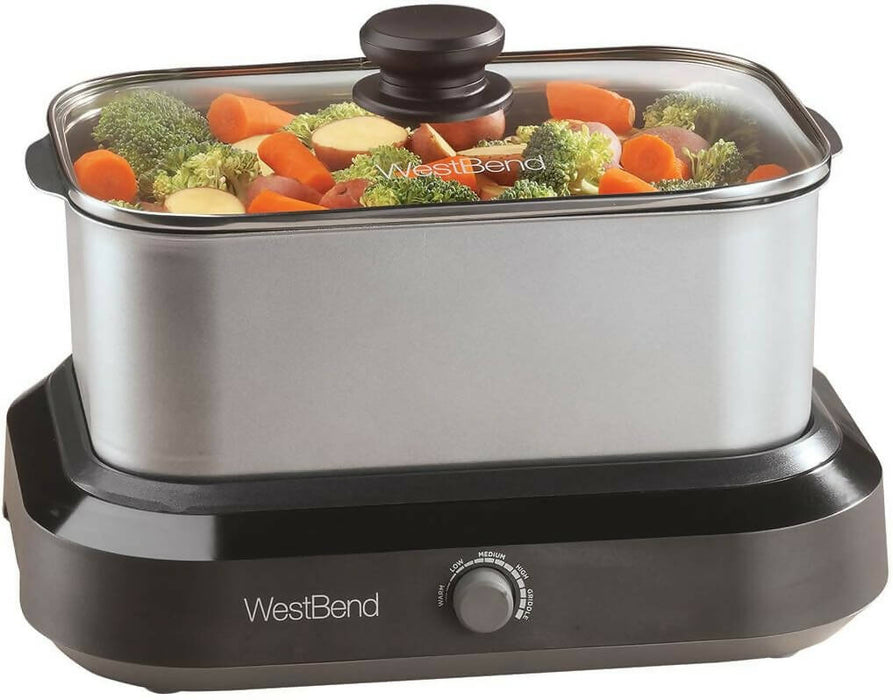 West Bend 87905 Large Capacity Non-Stick Versatility Slow Cooker with 5 Temperature Control Settings Dishwasher Safe Includes A Travel Lid & Thermal Carrying Case, 5-Quart, Silver