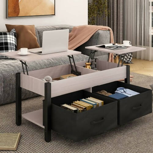 2-Way Lift Top Coffee Table, Rustic Wood Table with Hidden Compartments, 2 Fabric Storage Baskets for Home, Living Room (Grey) - 559A1