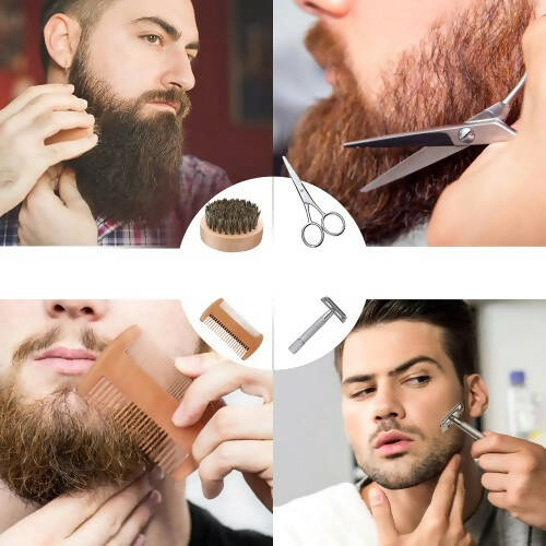 8 合 1 鬍鬚護理套裝，含鬍鬚洗髮水、生長油、鬍鬚膏、木梳、刷子、剪刀、剃須刀、儲物袋