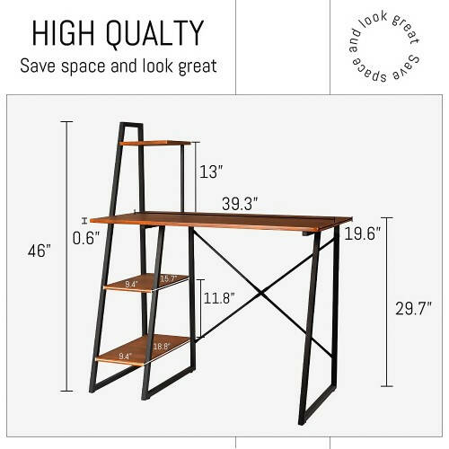 Compact Study Desk, 102 x 50cm Small Multipurpose Desk with 4 Tier Shelves, Industrial Wood, Metal Frame for Home, Office, Small Spaces