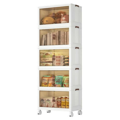 5 Tier Stackable Storage Shelf, Extra Large Collapsible Closet Organizer Transparent Storage Boxes with Wheels