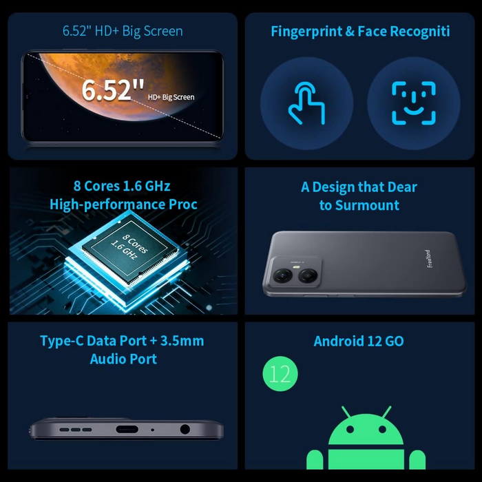 FreeYond F9 Smartphone, 6.52" Display, 128GB-Black-Unlocked