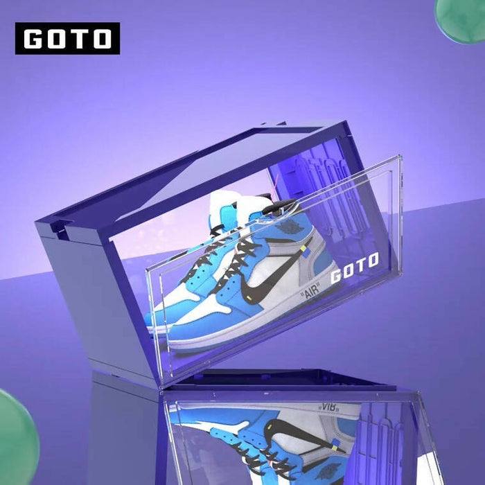 GOTO 透明展示櫃，帶 LED 照明，適用於運動鞋、收藏品、人偶、珠寶 - 可堆疊收藏板條箱 - 紫色