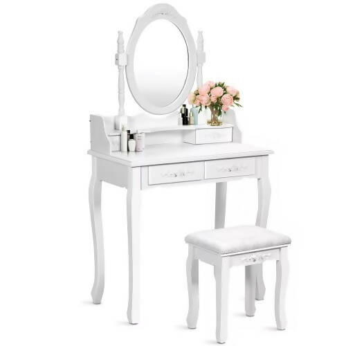化妝梳妝台套裝、帶軟墊凳子的梳妝台、360 度旋轉鏡子、4 個化妝品、珠寶抽屜 - 2781-MSW