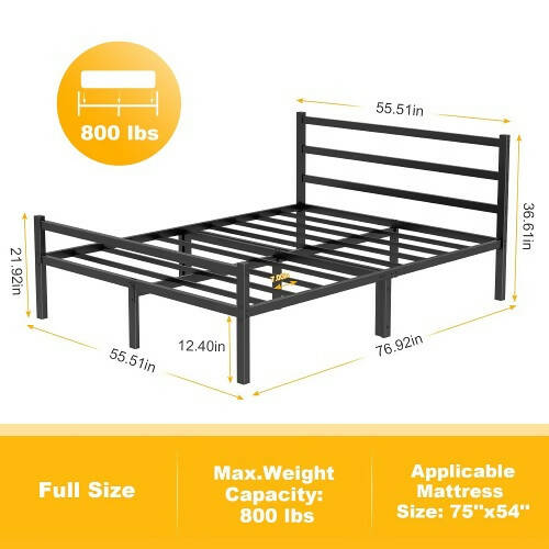 Mr IRONSTONE Full Size Bed Frame, 12.4" High Metal Platform Bed Frame with Headboard and Footboard, Storage, Non-Slip, No Box Spring Needed (Black)