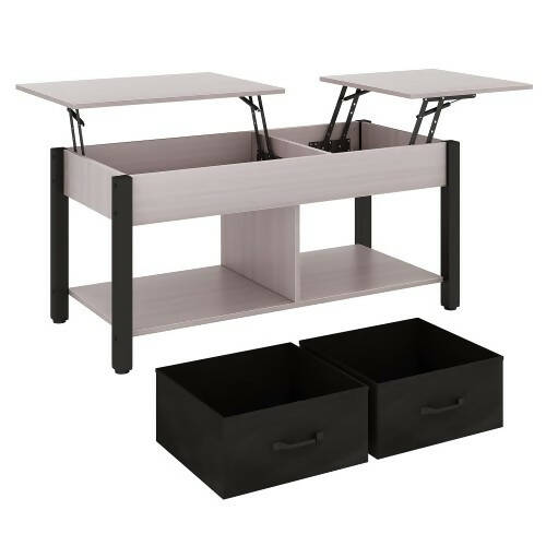 2 向升降頂部咖啡桌，帶有隱藏隔間的質樸木桌，2 個家用布藝儲物籃，客廳（灰色） - 559A1
