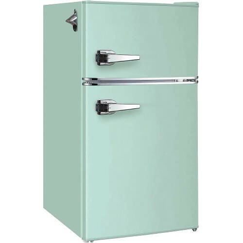 2 門迷你冰箱，3.0 立方米英尺緊湊型冰箱，帶復古風格手柄、側開瓶器、7 種溫度模式，適用於公寓、宿舍、房車、辦公室、臥室（薄荷綠）