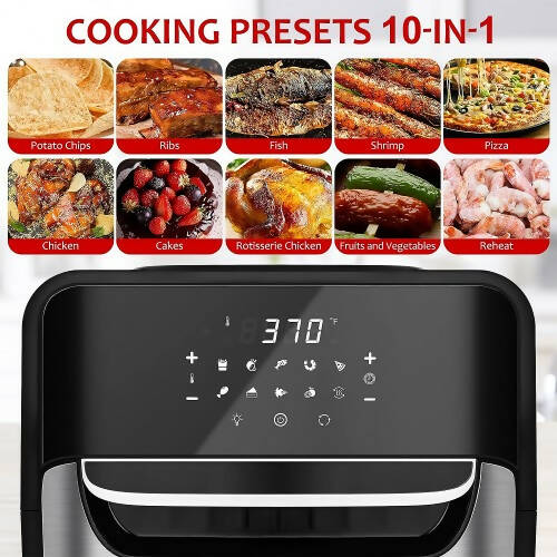 NUTRIFRYER 12.7Qt Air Fryer, 1700W Stainless Steel Convection Oven with 10 Preset Cooking Modes, LED Touch Screen, View Window, Accessories